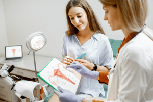 A urogynecologist going over the female reproductive system with a patient