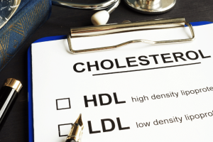 Clipboard with a paper showing HDL and LDL cholesterol definitions